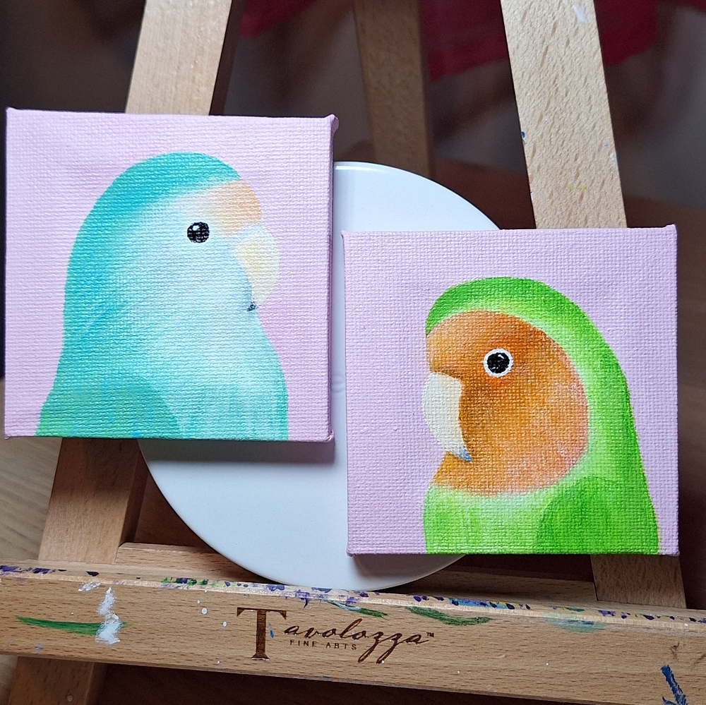 Rosy-faced Lovebirds Hand-painted Canvas Magnets - Set of 2